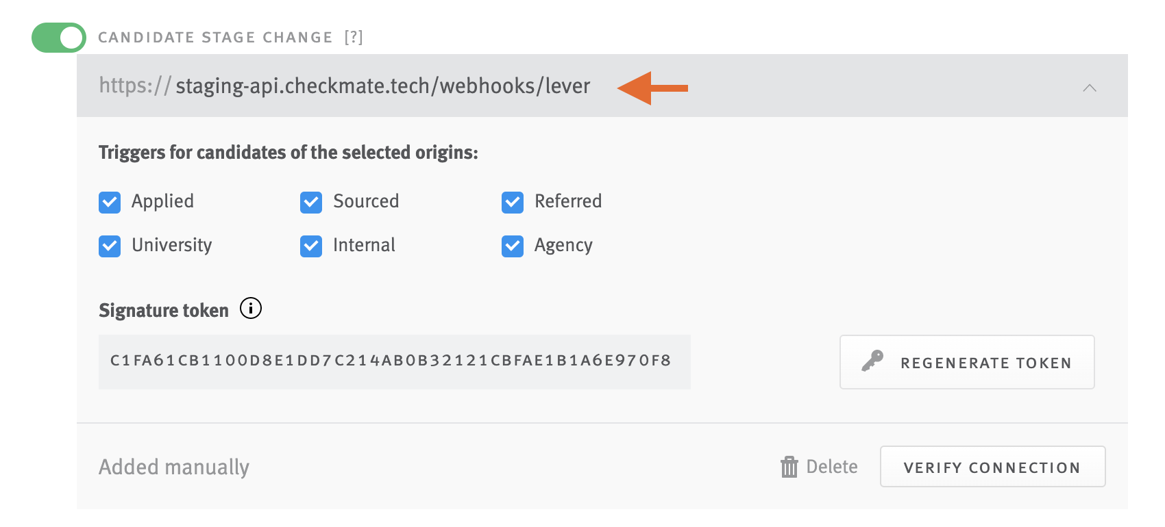 Arrow pointing to webhook URL field in Candidate Stage Change webhook tile