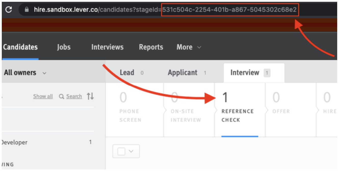 Close up of interview stage selected in Lever and Stage ID in URL bar outlined.
