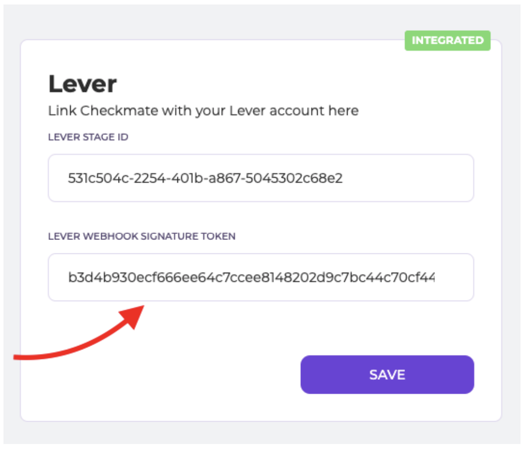 Arrow pointing to Lever Webhook Signature Token field in Checkmate
