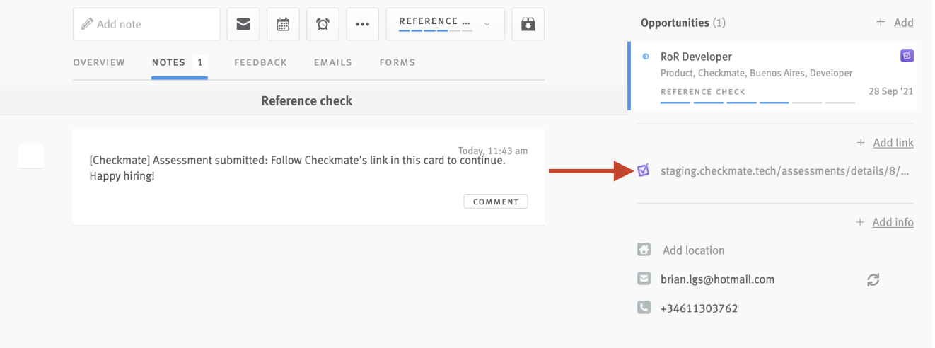 Arrow pointing to Checkmate link on candidate profile.