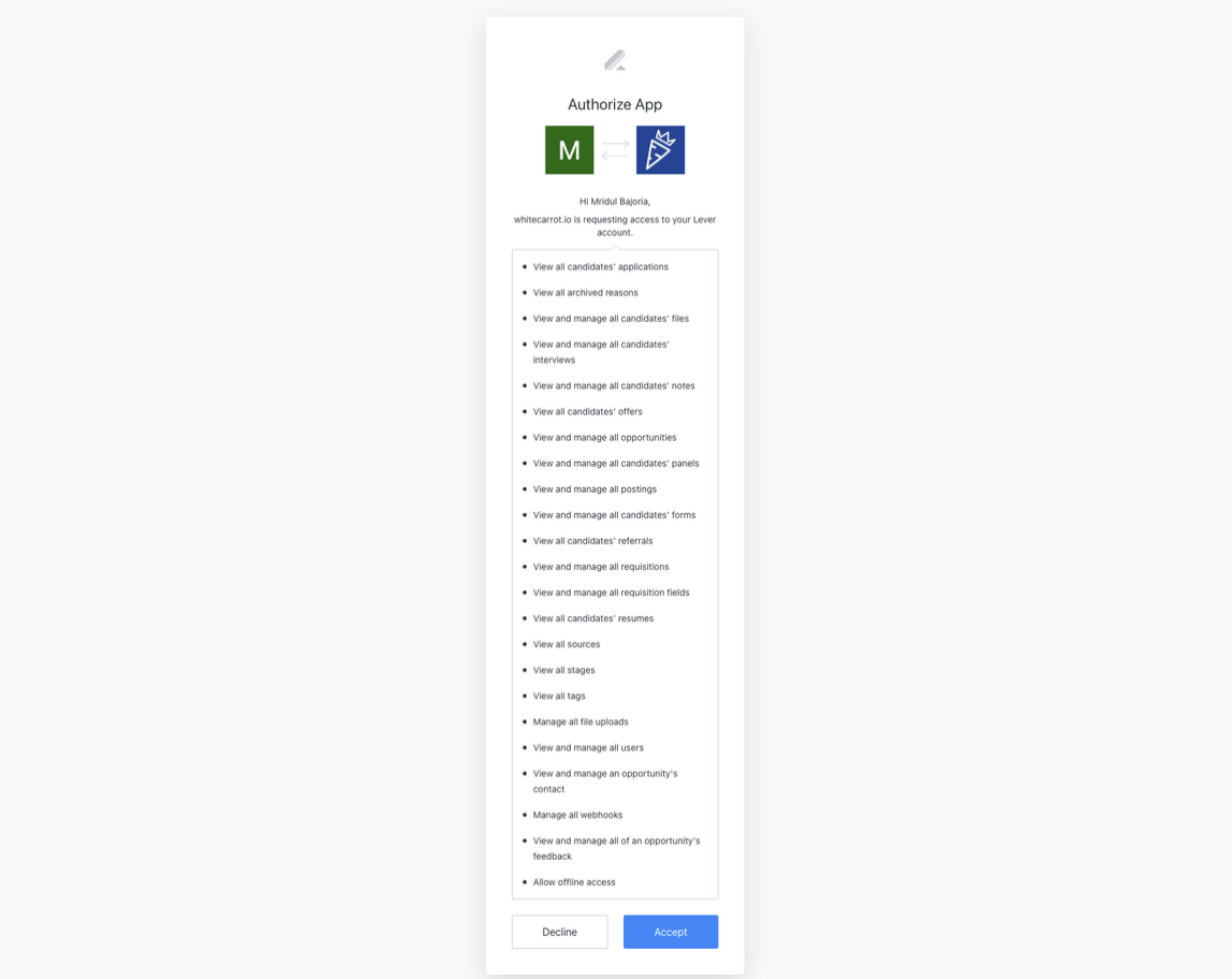 Lever and whitecarrot authorize app modal showing list of permissions