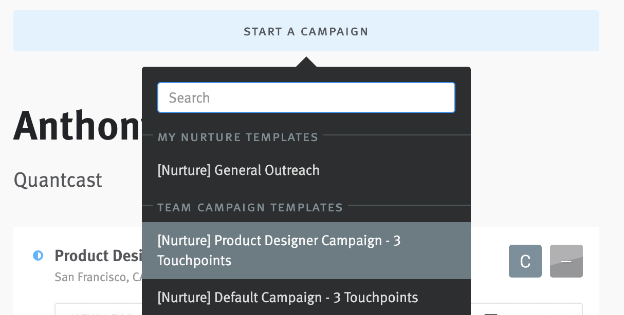 Nurture template menu extending from start a campaign call to action button on candidate profile.