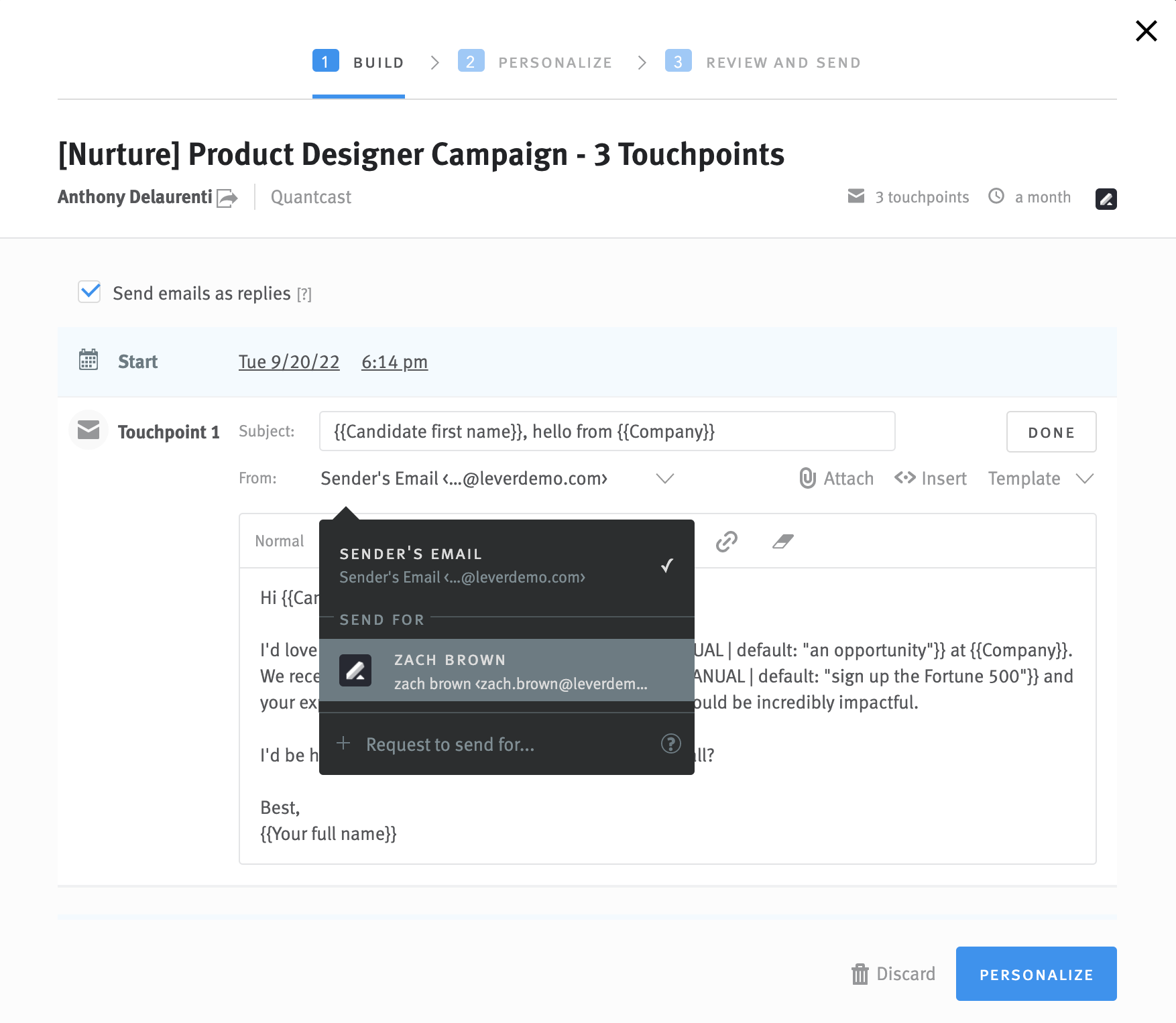 Campaign touchpoint editor with Send For menu extending from sender field.