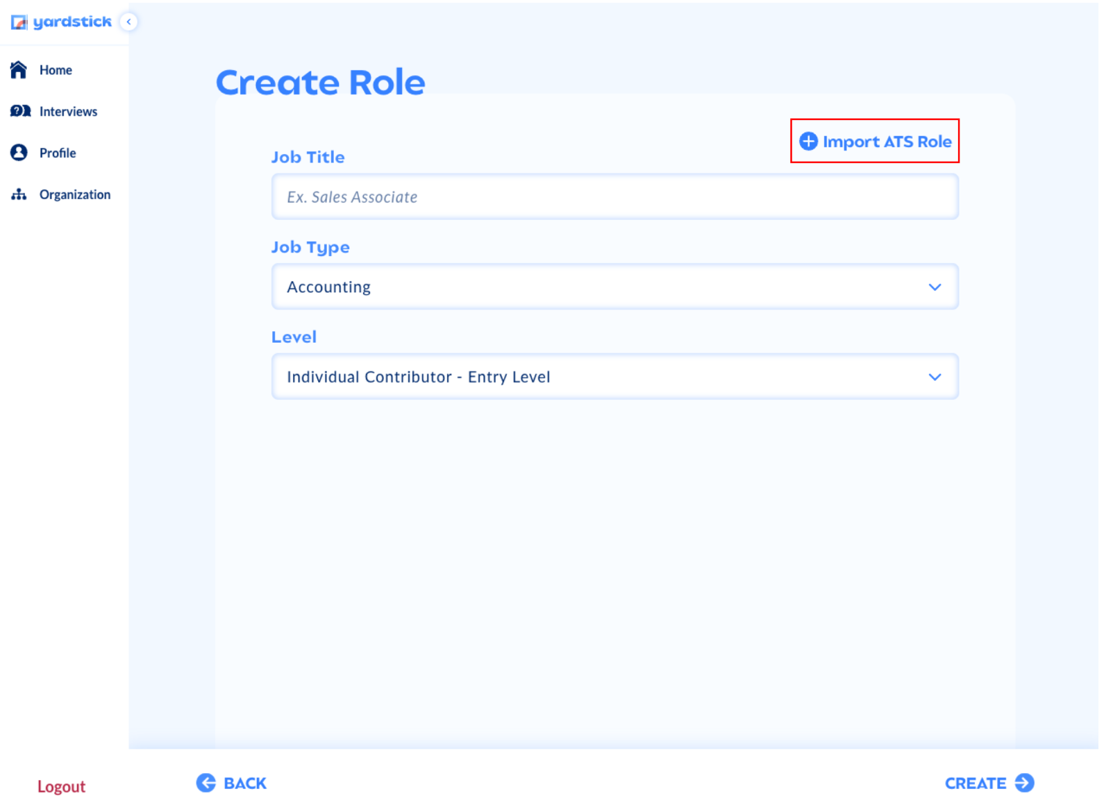 Yardstick create role page with import ATS role button outlined