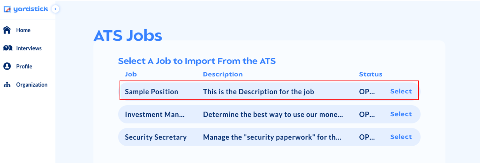 Yardstick ATS jobs page with job and description outlined