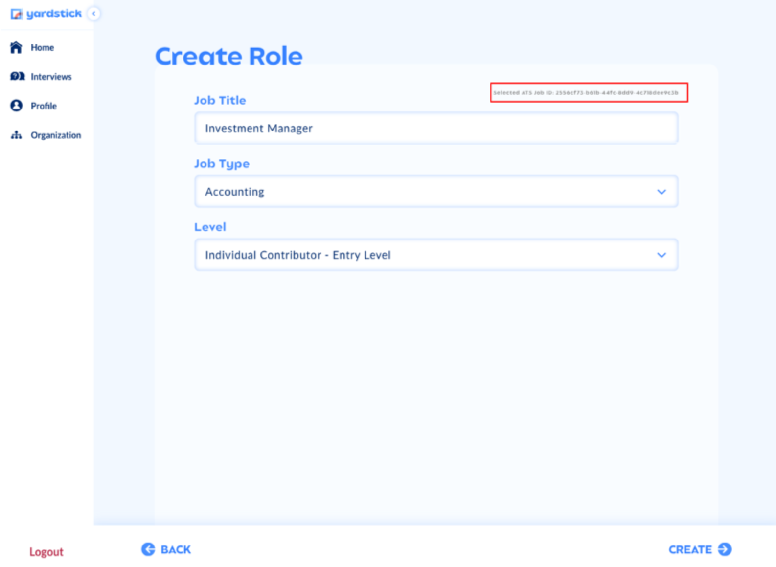 Yardstick create role page job ID outlined