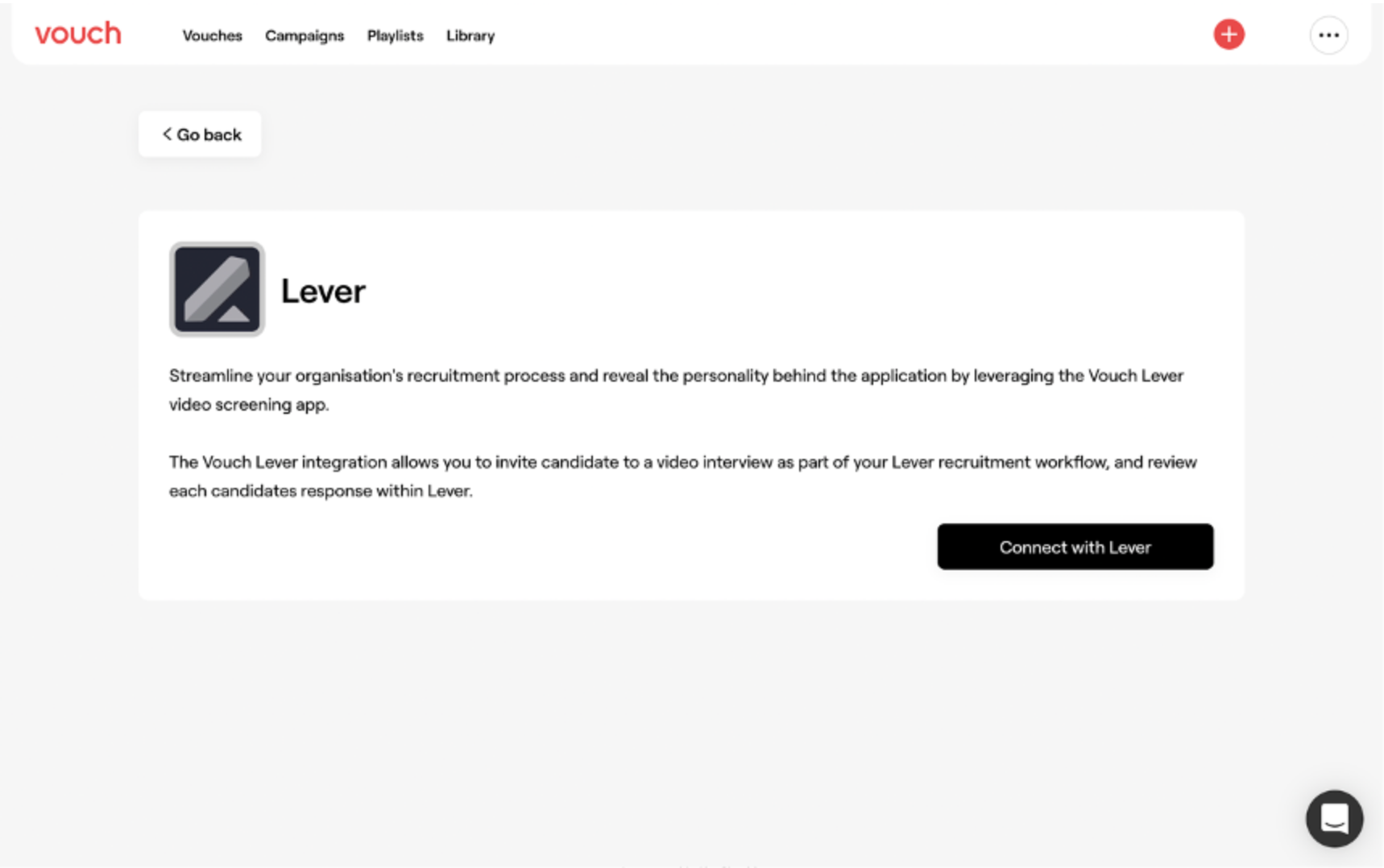 Vouch integrations page showing Lever in the recruitment section with connect with lever button