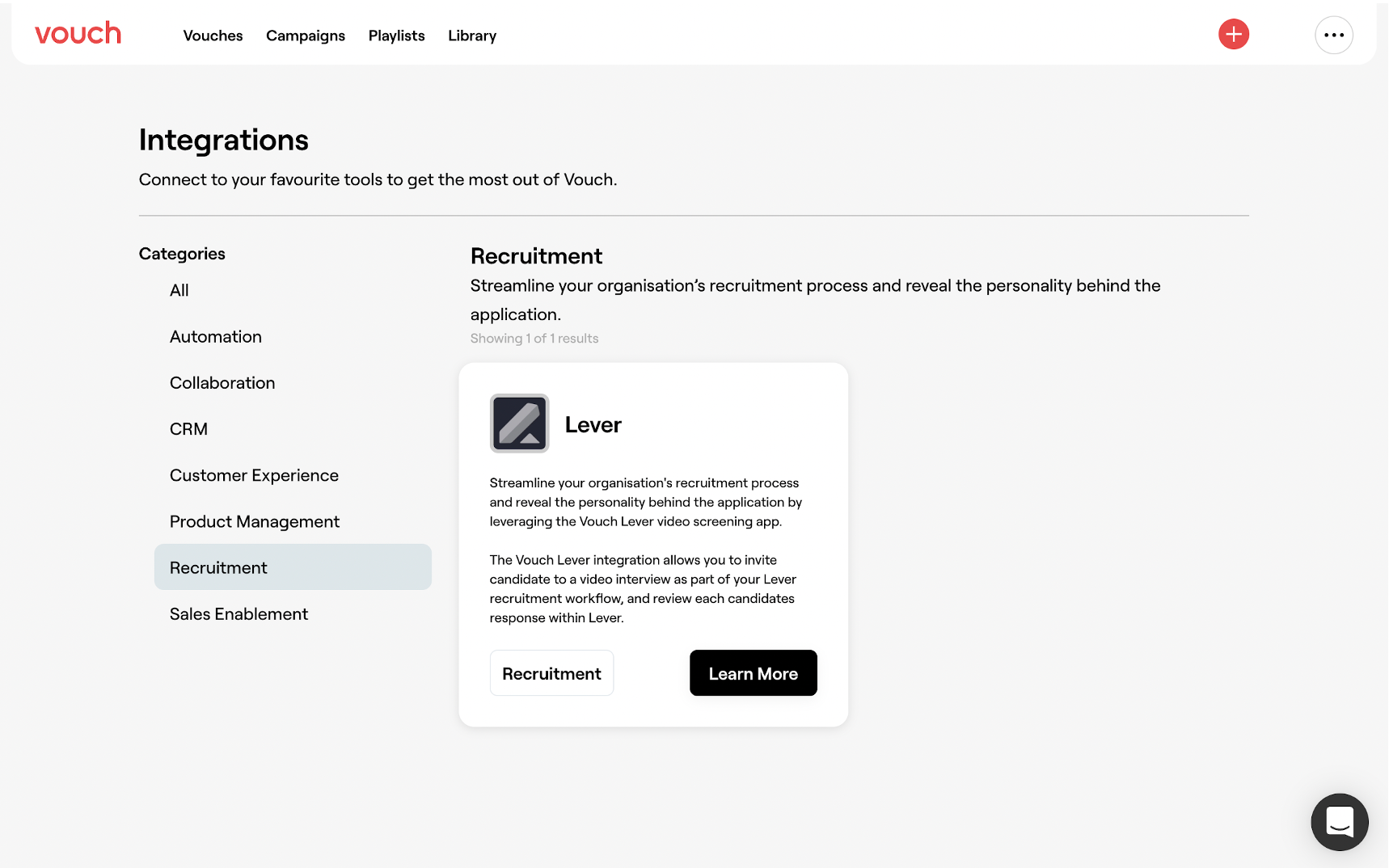 Vouch integrations page showing Lever in the recruitment section