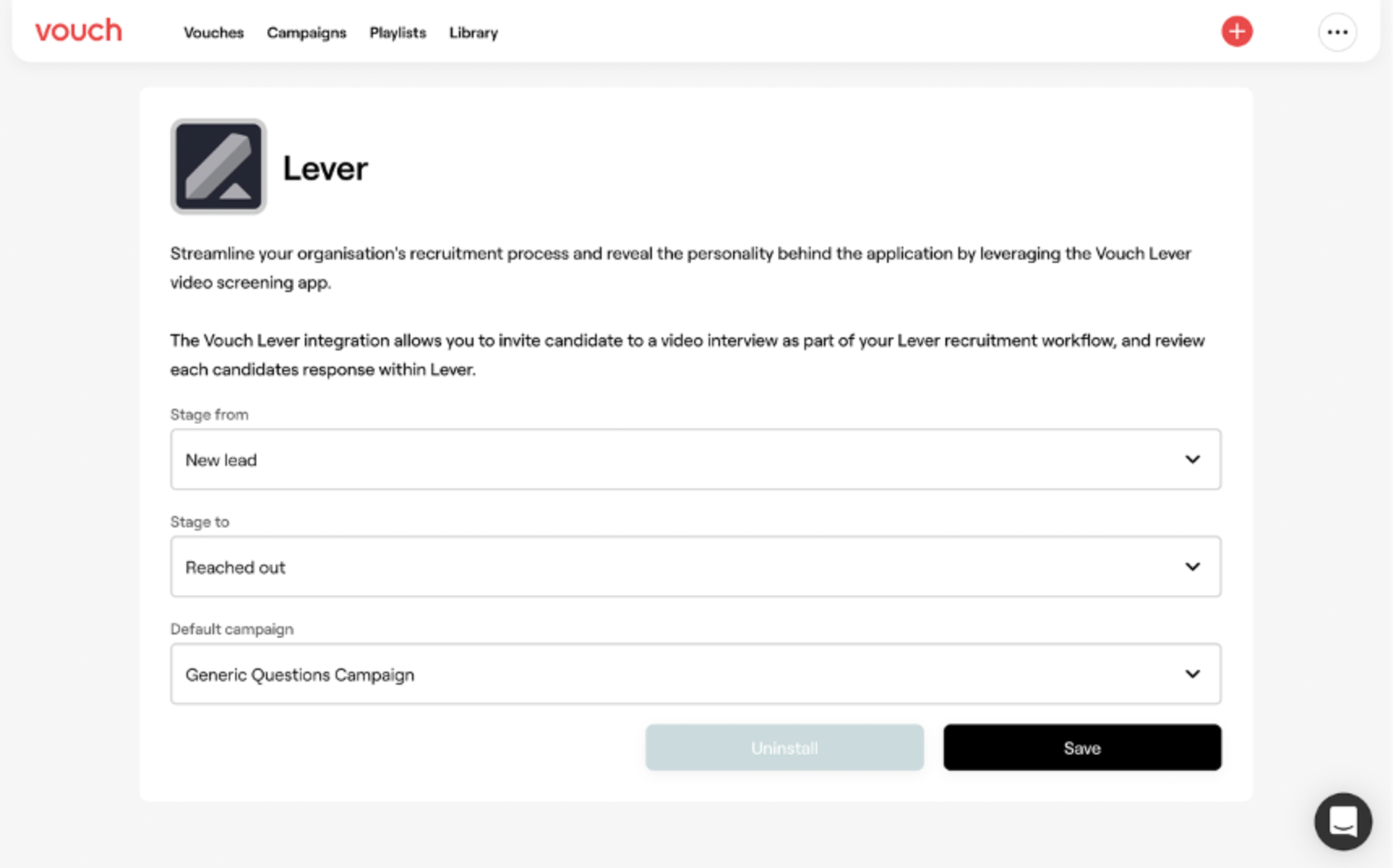 Vouch integrations page showing Lever with setup options