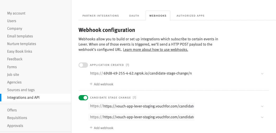 Lever Webhook Configuration tab with candidate stage change toggle on green