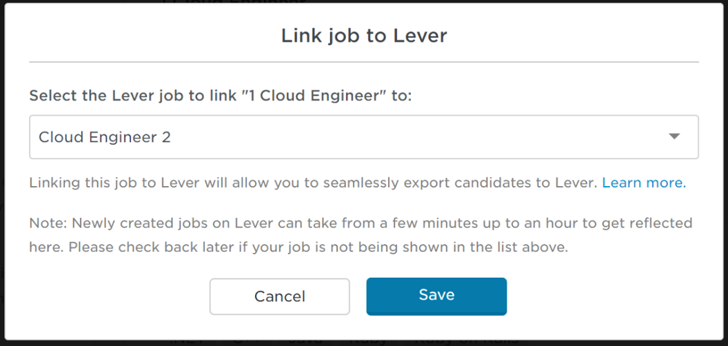 Instahyre jobs page with link job to lever modal showing selected job