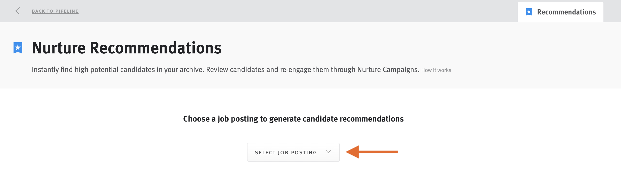 Nurture recommendations window with arrow pointing to select job posting