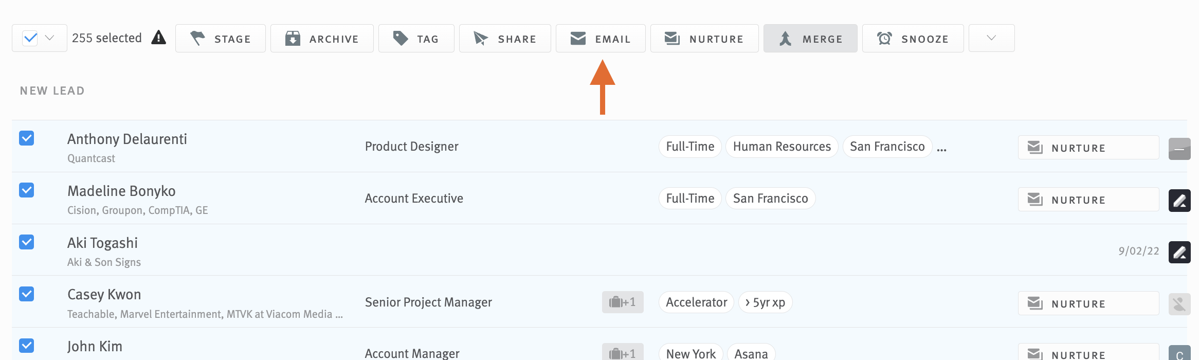 Opportunities list with arrow pointing to email button