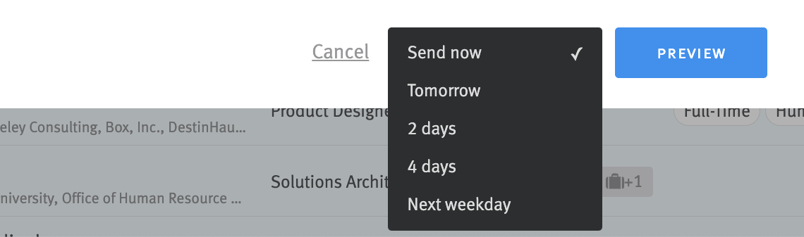 Email editor window showing email scheduling dropdown and preview button
