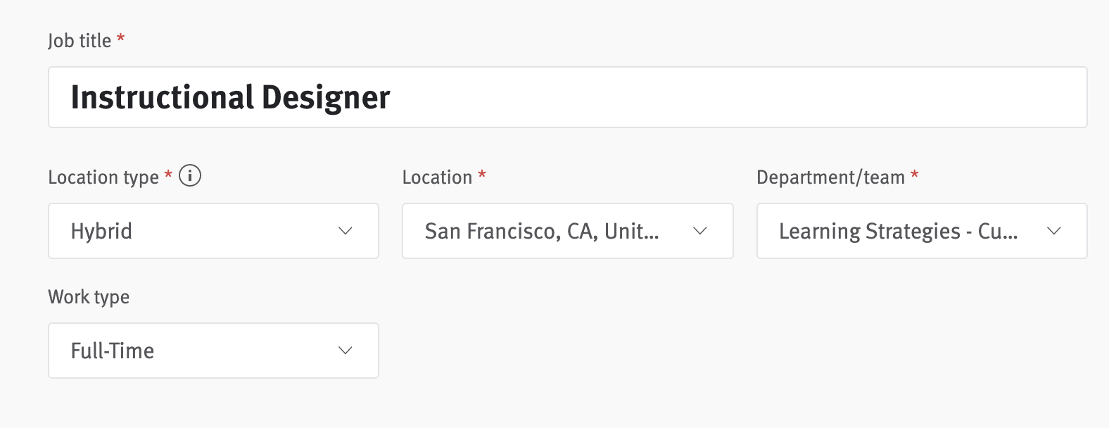 Close up of job title, location type, location, department/team, and work type fields in posting editor.