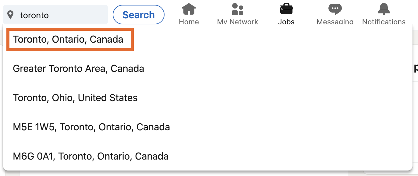 LinkedIn location search bar with dropdown list of locations and Toronto, Ontario, Canada outlined.