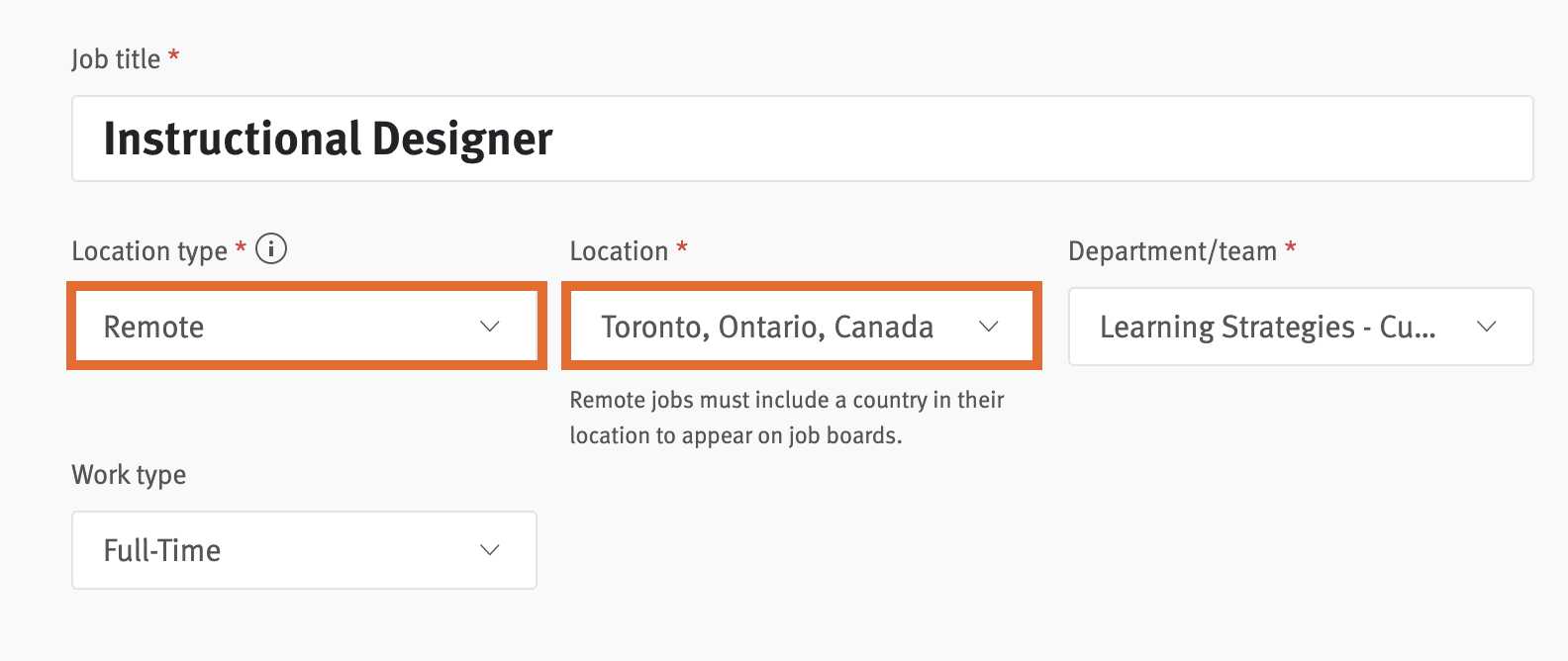 Job title, location type, location, department/team, and work type fields in postinf editor. Location type and location fields are outlined.