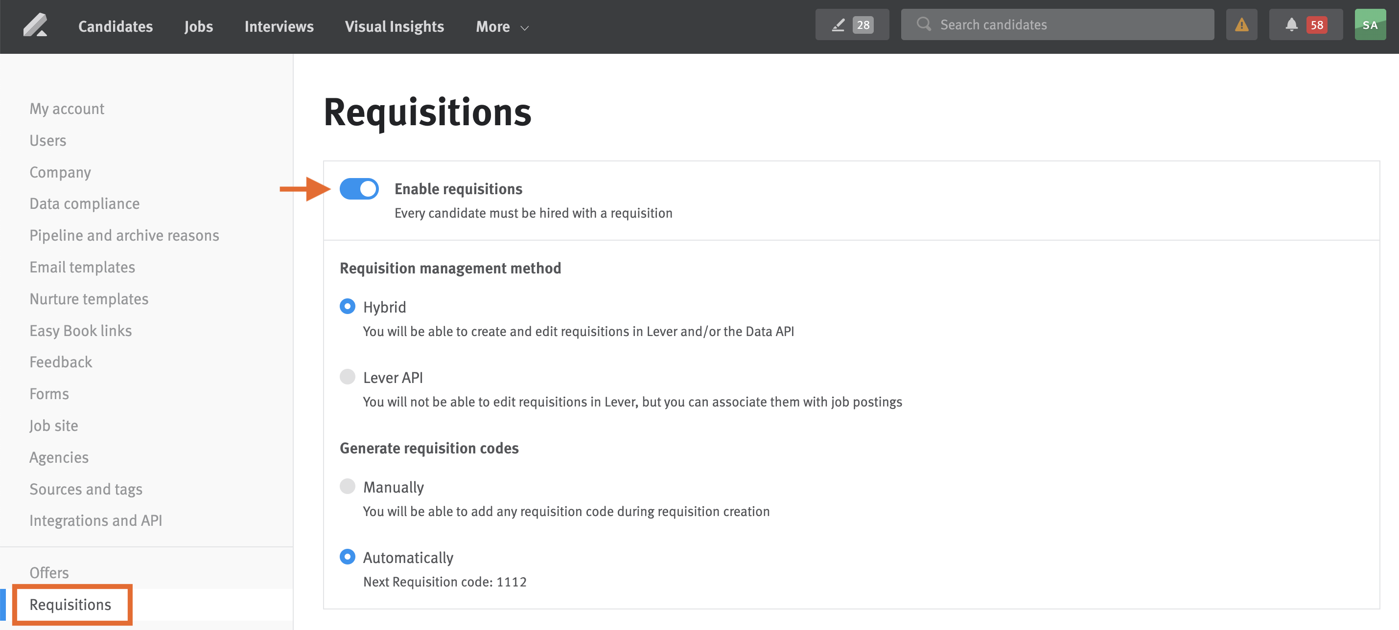 Requisition settings page with arrow pointing to Enable requisitions toggle.