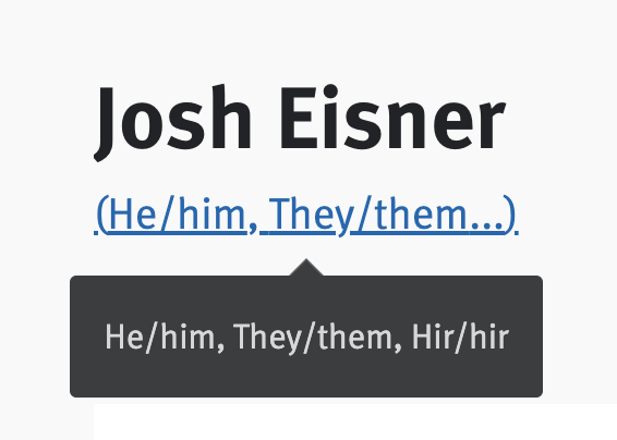 Pronouns beneath candidate name profile; full list of pronouns revealed on hover.