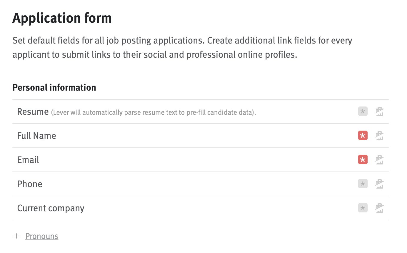 Personal information questions on application form settings