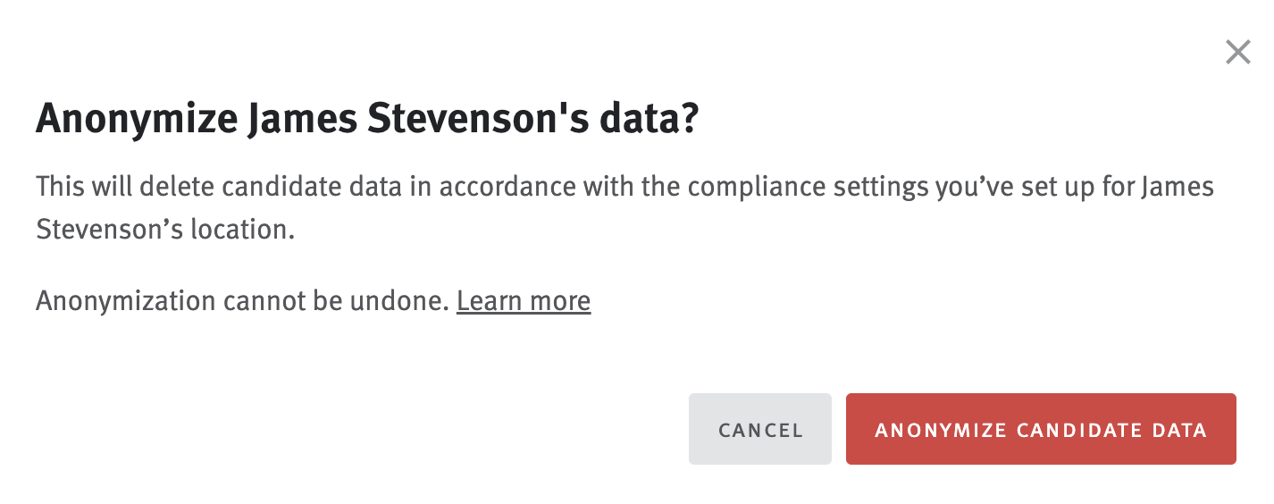 Anonymization confirmation modal with Anonymize candidate data button.