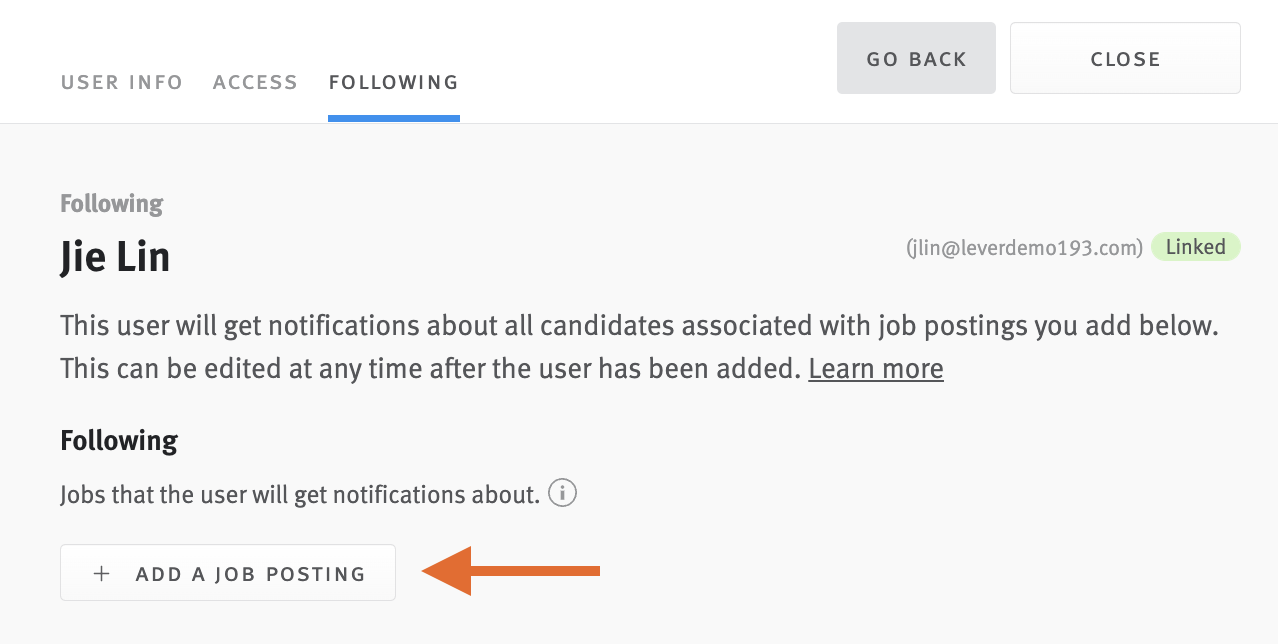 User profile with arrow pointing to add a job posting button