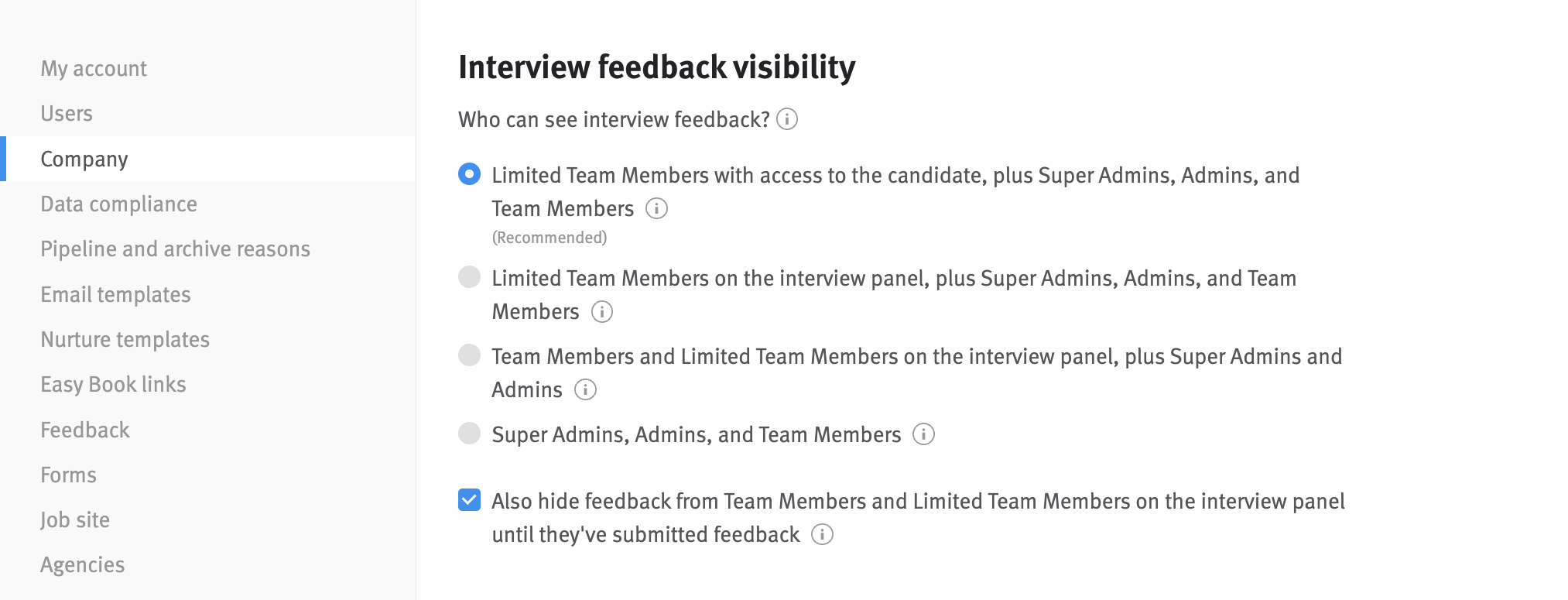Interview feedback list options in settings