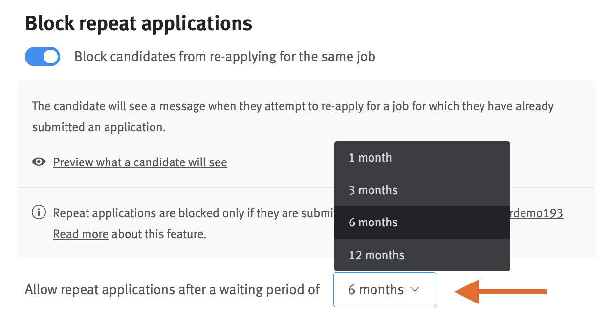 Block repeat applications settings with arrow pointing waiting period options
