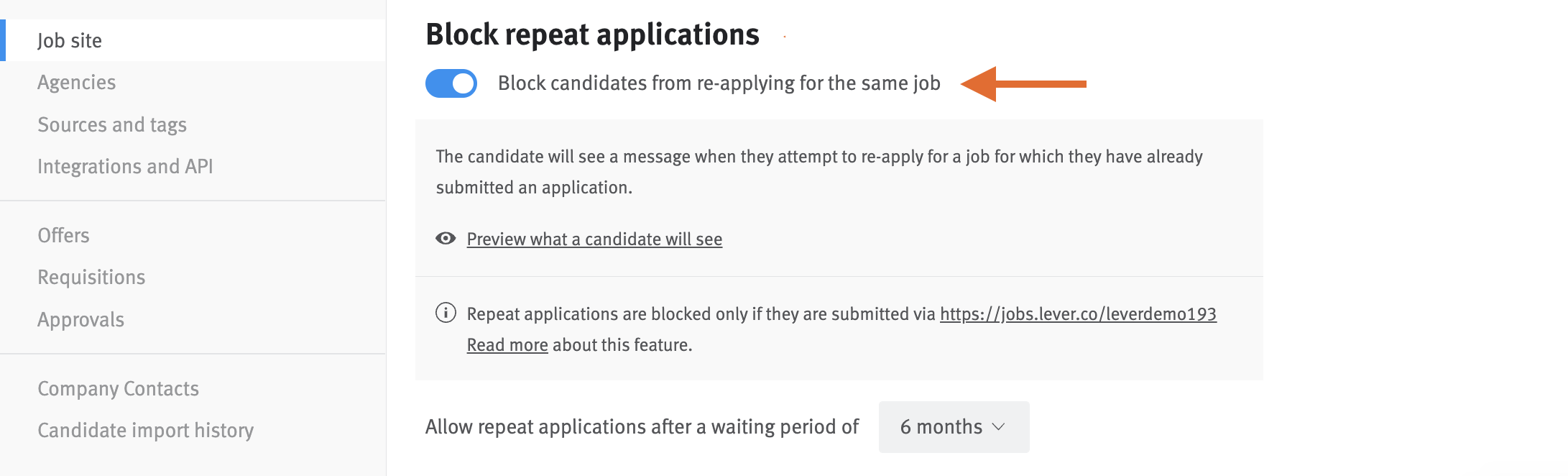 Job site settings with arrow pointing to block candidates toggle