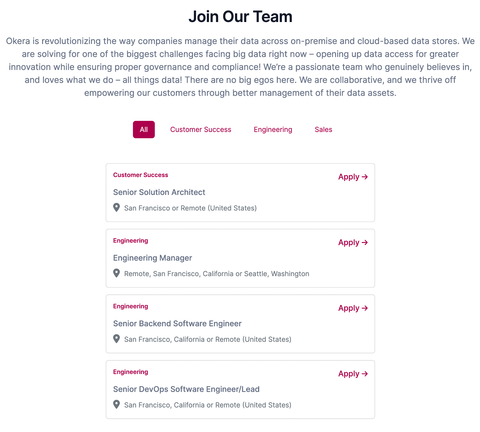 Okera join our team page showing list of open positions