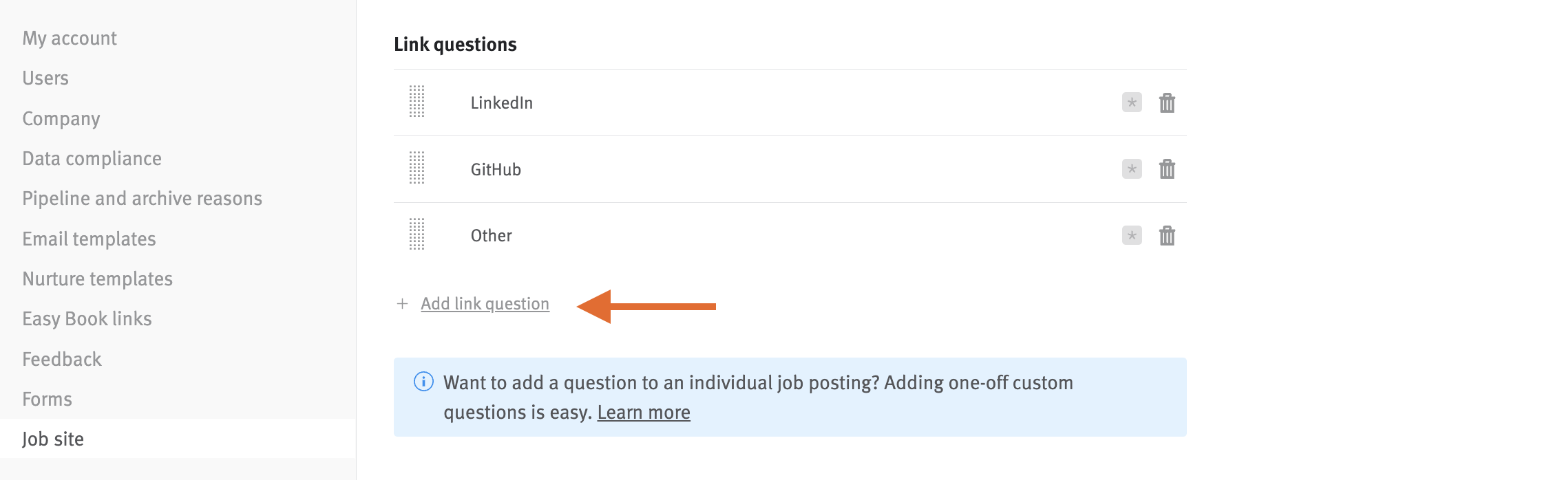 Link questions section with arrow pointing to add link question button