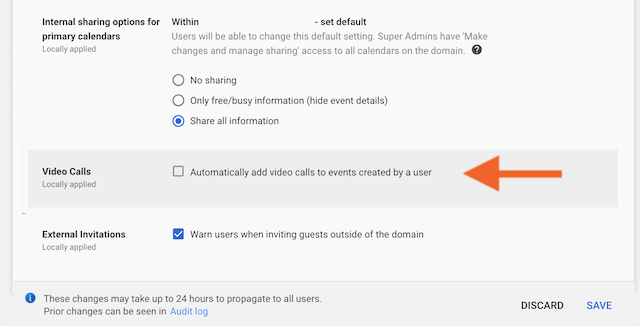 Arrow pointing to checkbox under Video Call settings in Google Calendar sharing settings.