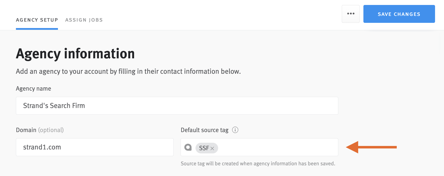 Agency information page with arrow pointing to default source tag field
