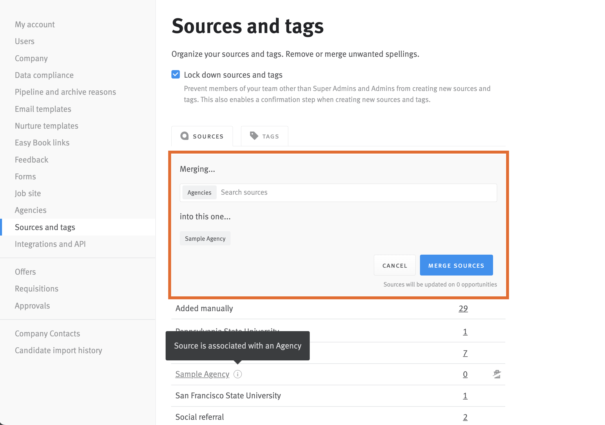 Source and tag page showing merging tags section