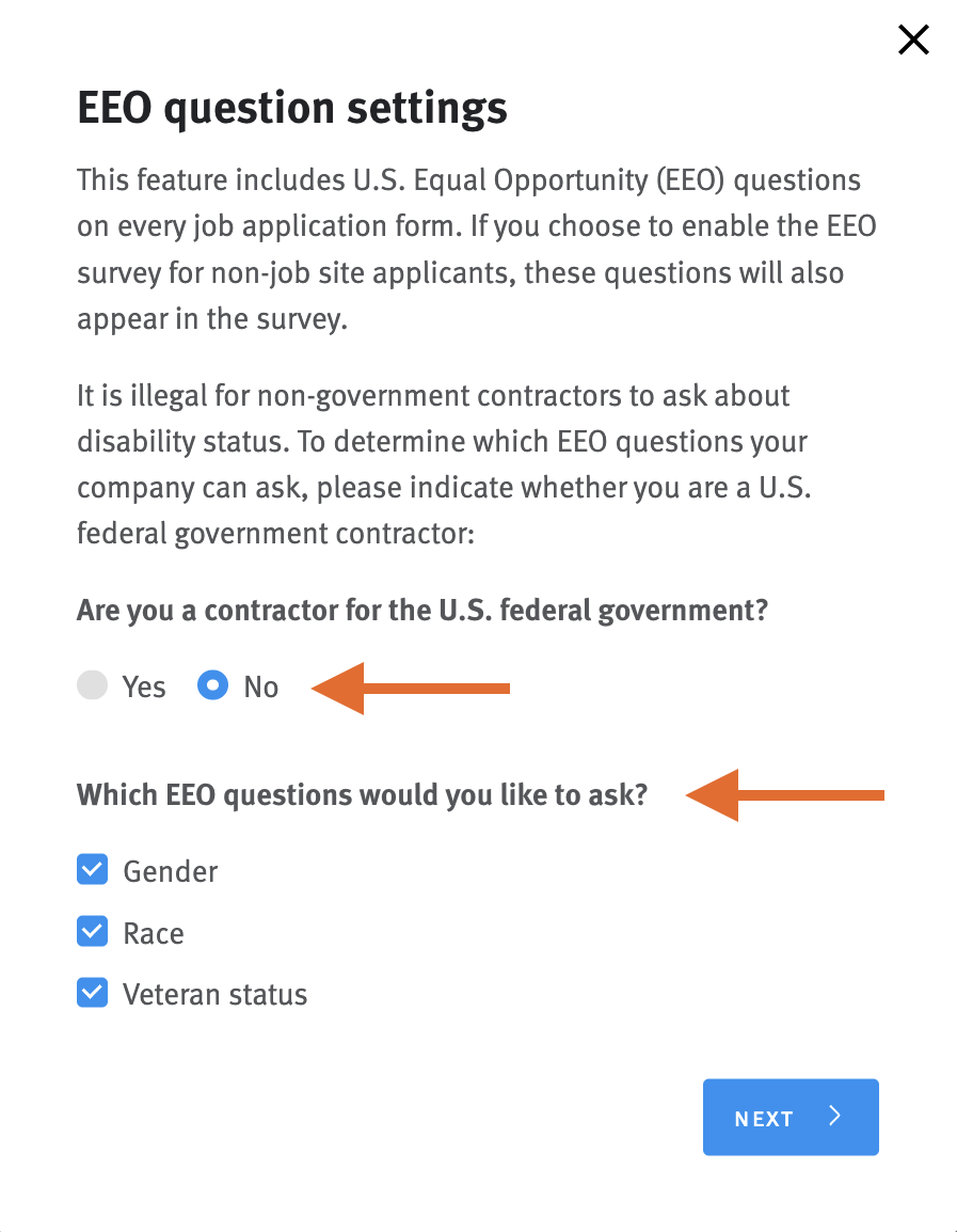 EEO question settings with arrow pointing to no and which EEO questions would you like to ask
