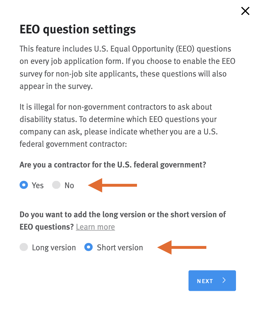 EEO qustion settings with arrow pointing to yes and short version