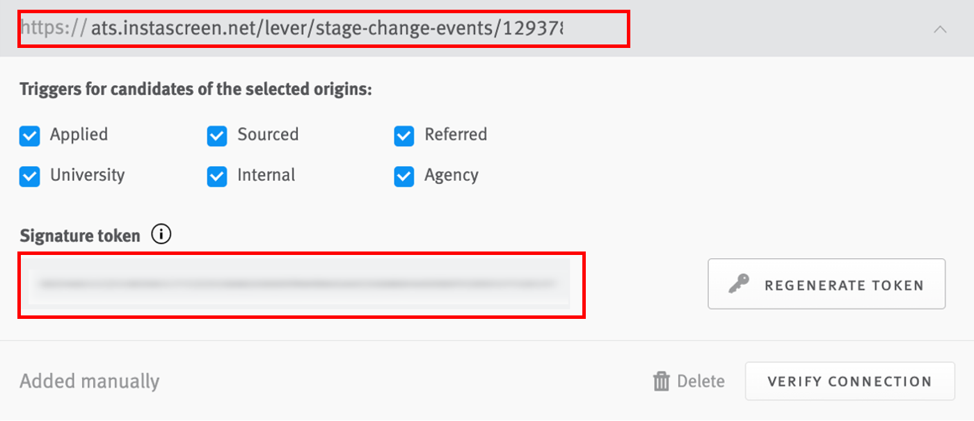 Candidate stage change webhook tile with webhook and signature token fields outlined.