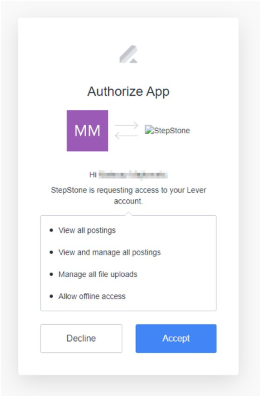Lever and stepstone authorize app modal showing list of permissions