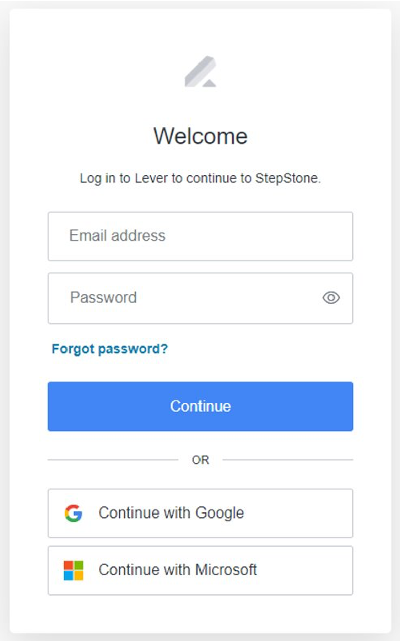Lever welcome modal showing email address and password fields