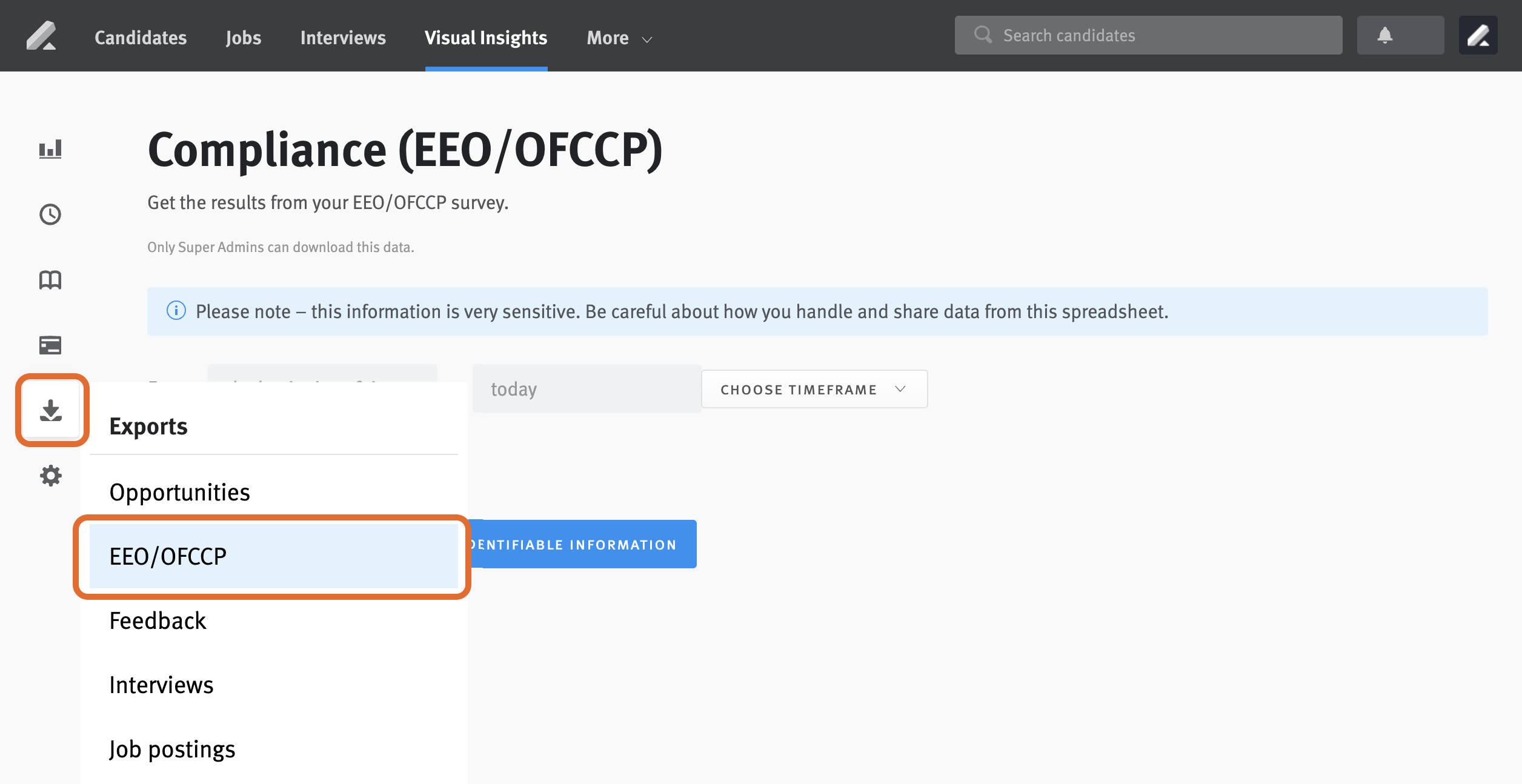 Visual insights page with export symbol and eeo/ofccp outlined