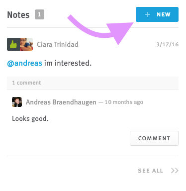 Arrow pointing to New button in notes section of candidate profile mobile view