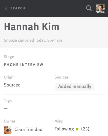 Live image of scroll through candidate profile on mobile, stopping at notes section.