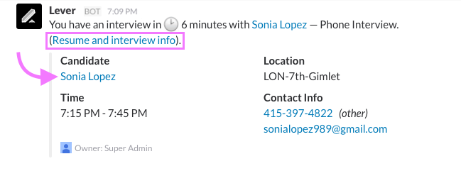 Interview reminder in Slack with Resume and Interview Info link outlined and arrow pointing to candidates' name.