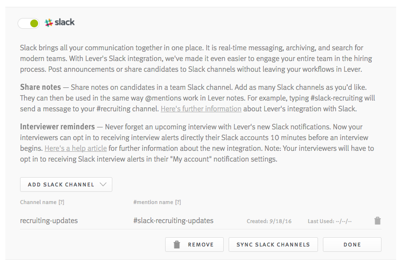 Slack integration section in Lever