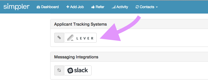 Simppler platform with arrow pointing to Lever listing in the Applicant Tracking Systems field.