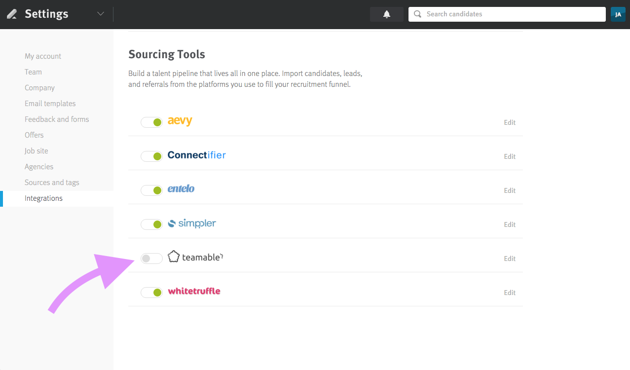Lever settings integrations page with arrow pointing to teamable listing