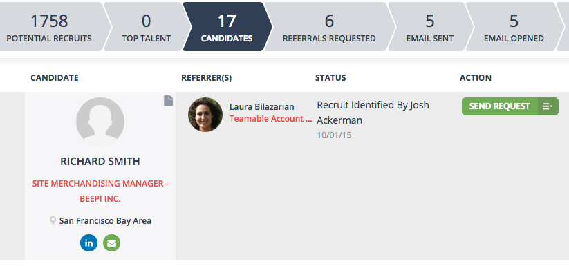 Teamable platofrm showing pipeline and candidate profile
