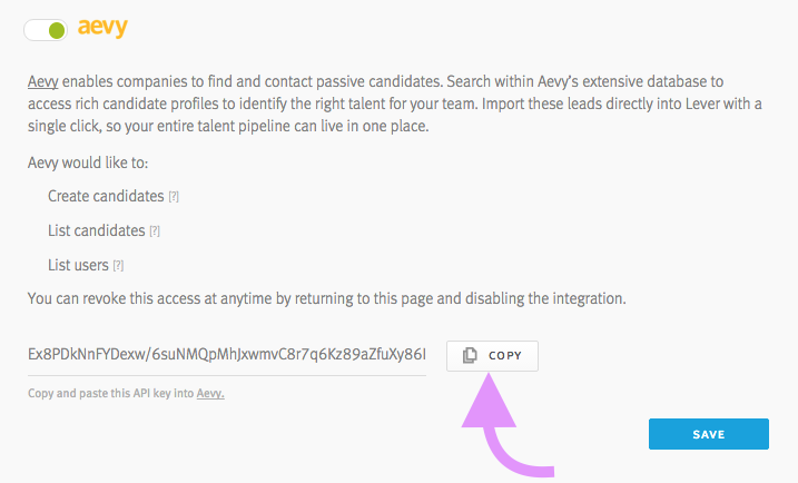 Lever settings showing aevy section with arrow pointing to copy button next to API key
