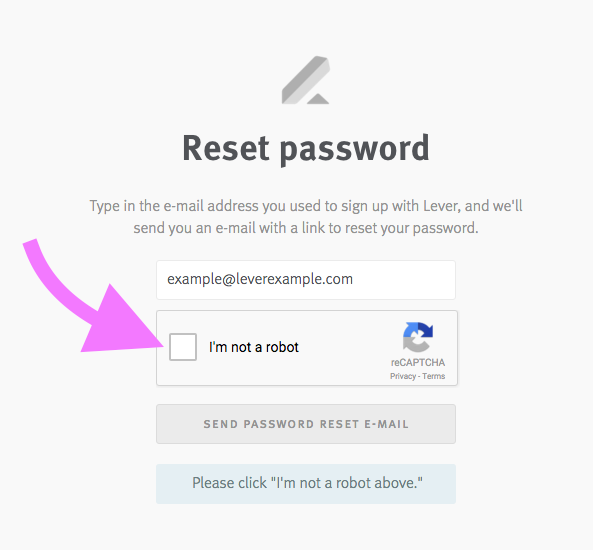 Password reset page with arrow pointing to I'm not a robot checkbox