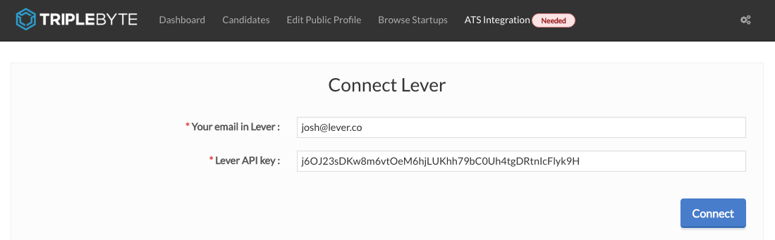 Triplebyte platform showing connect lever page with email and API key fields